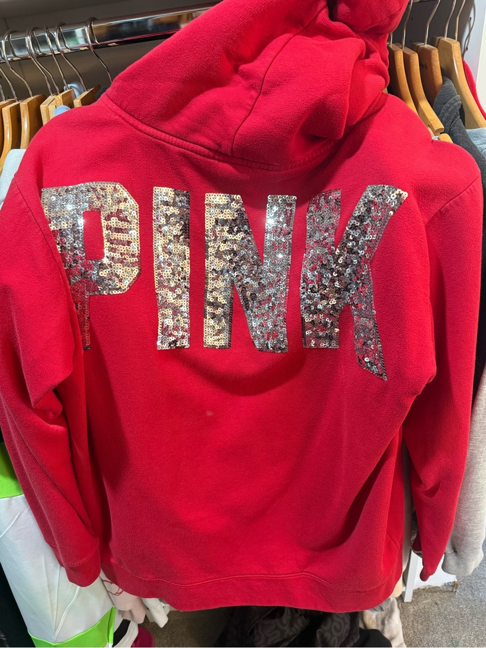 Victoria's Secret PINK Red Hoodie with Silver Sequin Logo